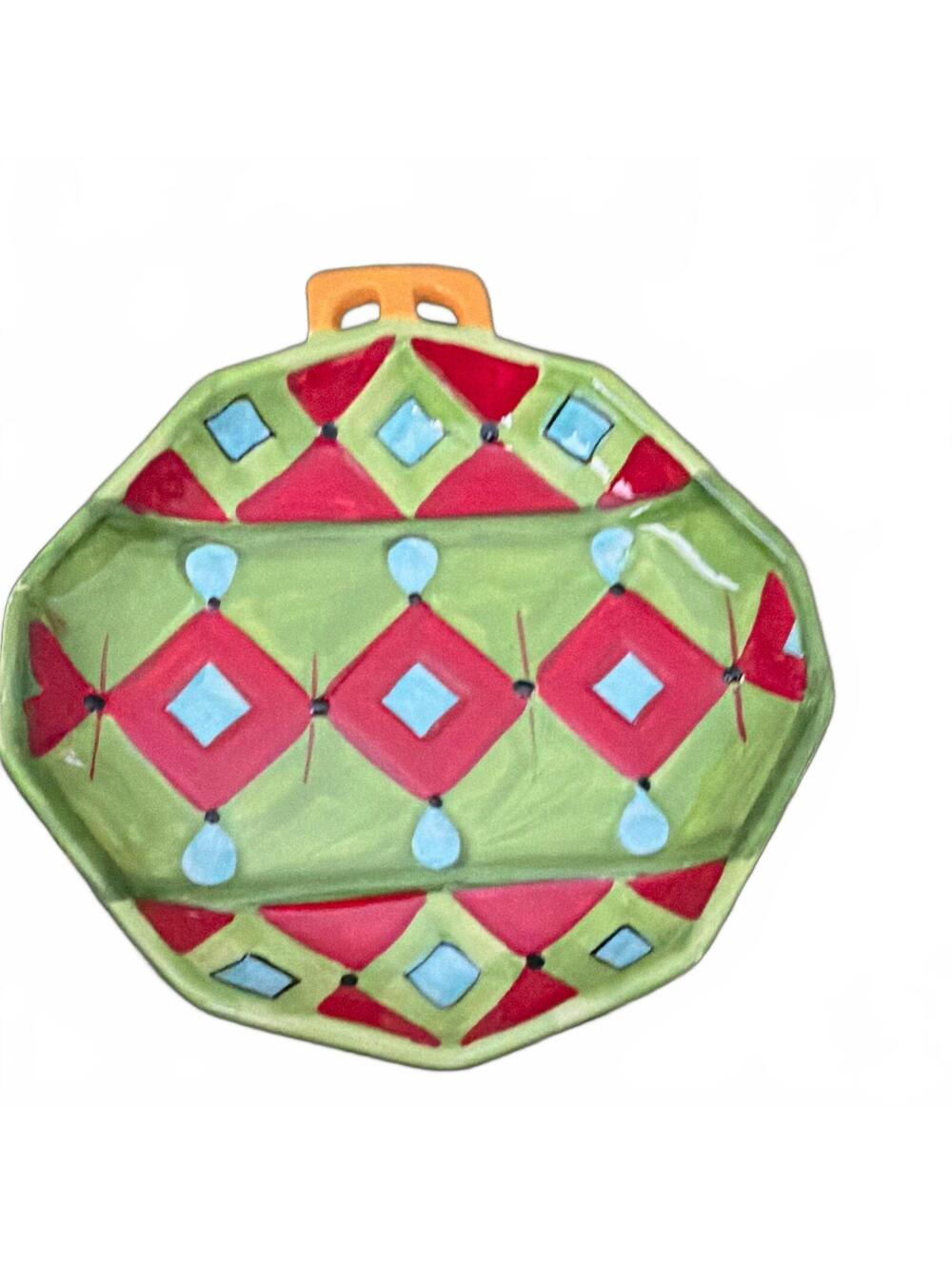 Ceramic Geometric Octagon Platter w/ Handle, Decorative Green Red Blue